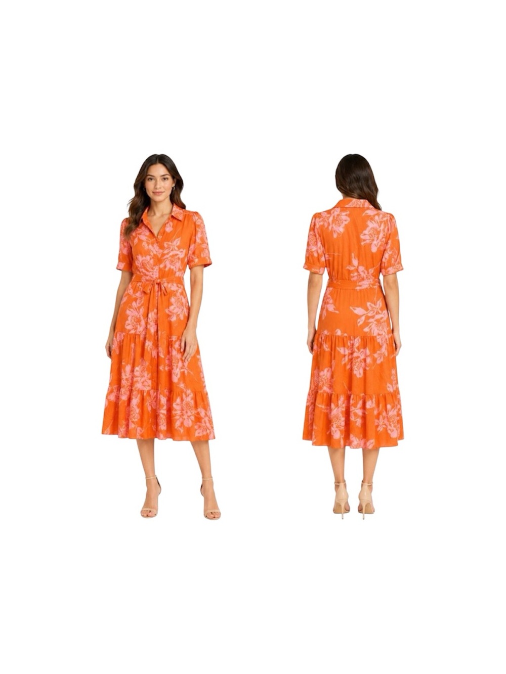 Nicole Miller Vibrant Orange Print Button Down   Tiered Short Sleeves Midi 12